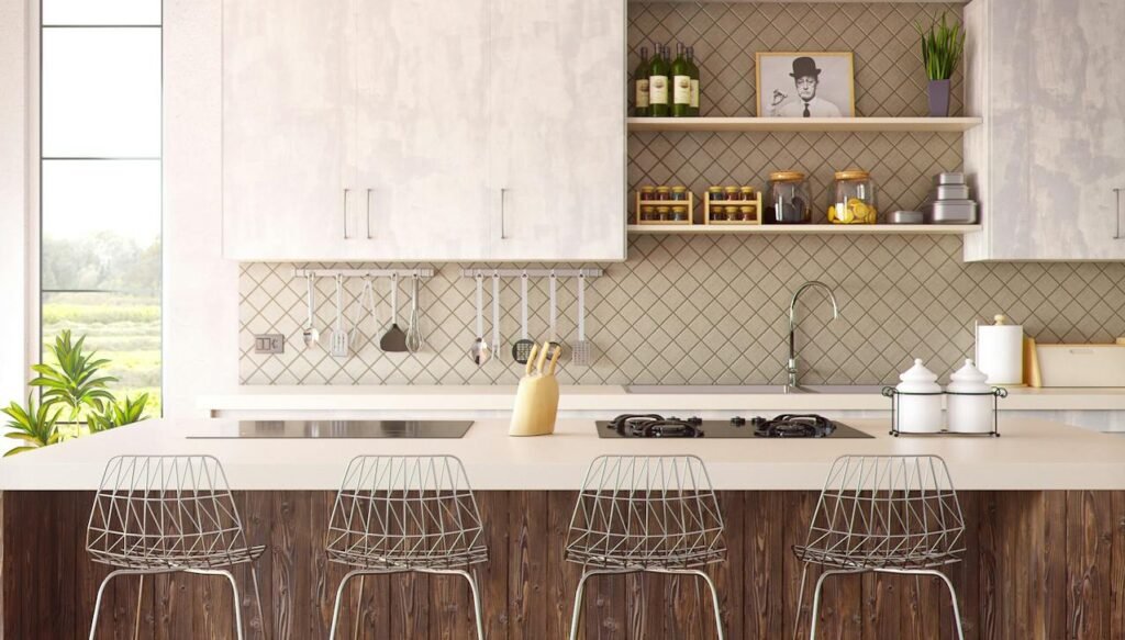 Chic minimalist kitchen design featuring wooden accents and modern bar stools.