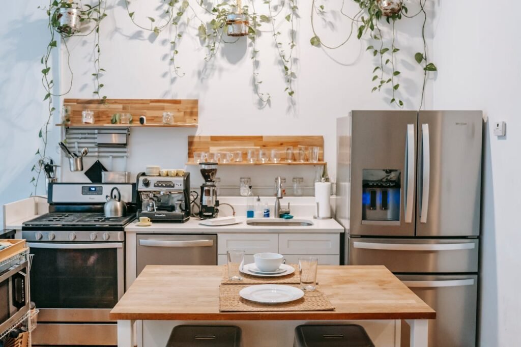 Contemporary kitchen interior featuring stainless steel appliances and hanging plants.